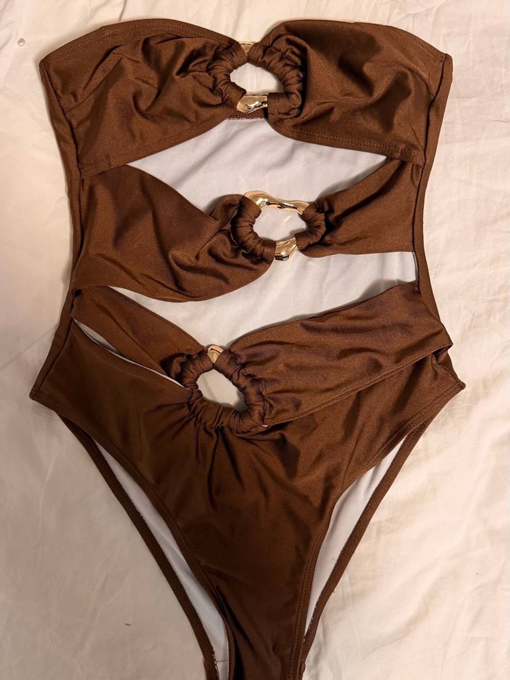 Brown One-Piece Swimsuit with Ring Cutouts - Unbranded